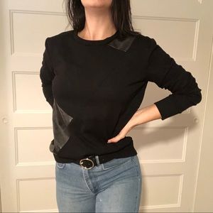 Black Jersey & Faux Leather Crewneck Sweater